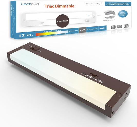 LED Under Cabinet Lighting Hardwired or Plug in, 12 Inch 6W, Dimmable 5 Color 2700K/3000K/3500K/4000K/5000K, Linkable Eyes Care Design Counter Lights for Kitchen, Sink, ETL Listed, Bronze