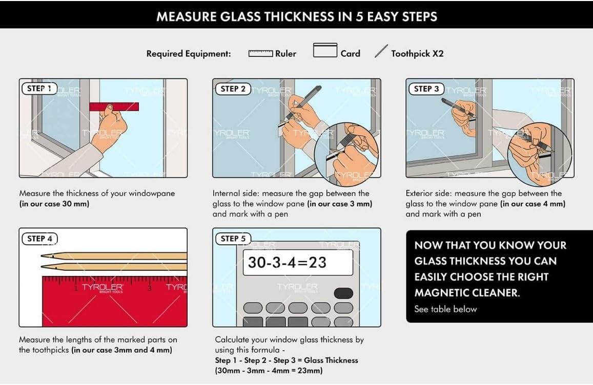 Tyroler Magnetic Window Cleaner | for Single-Glazed Windows 0.1"-0.3" ONLY | The Glider S-1 Glass Cleaner | 3M Anti-Fall Rope | Double-Sided Cleaning