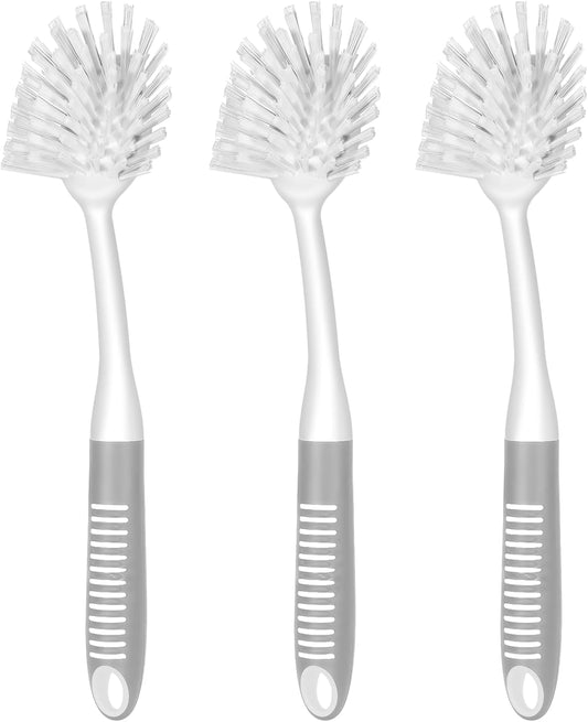 SetSail Dish Brush with Handle, 2 Pack Stiff Bristles Dish Scrubber with Built-in Scraper Dish Scrub Brushes for Cleaning Dishes, Pots and Pans, Kitchen Sink, 3 Pack, Grey White
