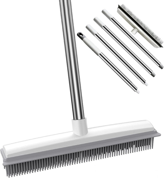 Rubber Broom Carpet Rake for Pet Hair, 2 in 1 Pet Hair Removal Broom with Built in Squeegee, Fur Remover Broom with 51" Adjustable Long Handle for Carpet, Hardwood Floor, Tile