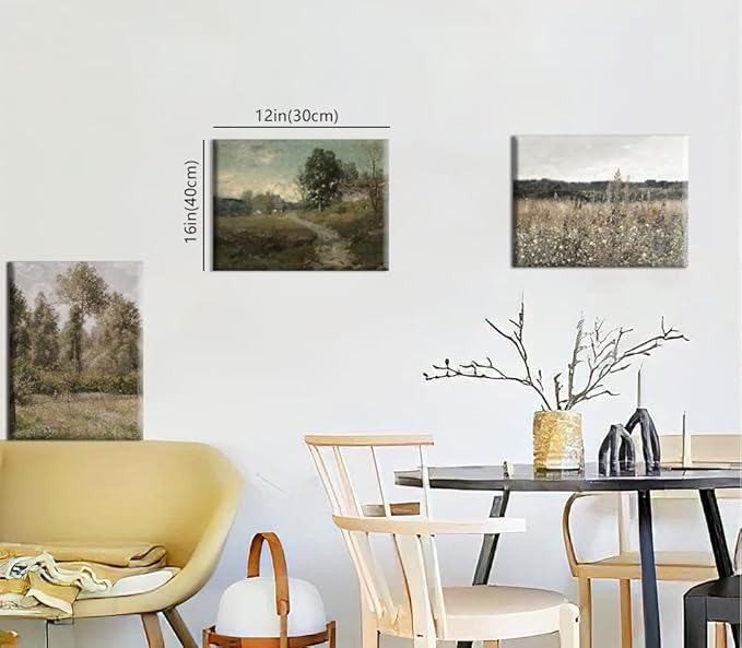 Vintage Landscape Canvas Wall Art Set of 3 - Meadow with Flowers Painting Prints,Rustic Farmhouse Posters Home Decor,Pastoral Outdoor Views Picture for Living Room Bedroom Bathroom 12x16in Framed