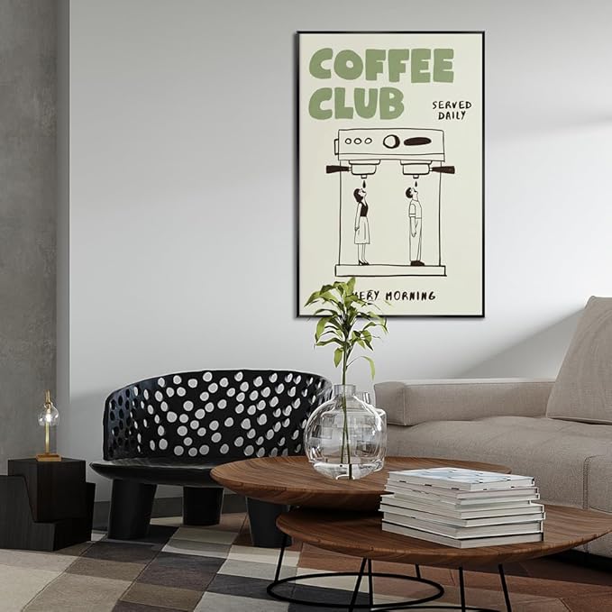 Funny Coffee Club Canvas Print Poster Served Daily Every Morning Sign Wall Art Minimalist Kitchen Whimsical Painting Home Decor Aesthetic Pictures for Cafe Bar 12x16inch Metal Black Frame