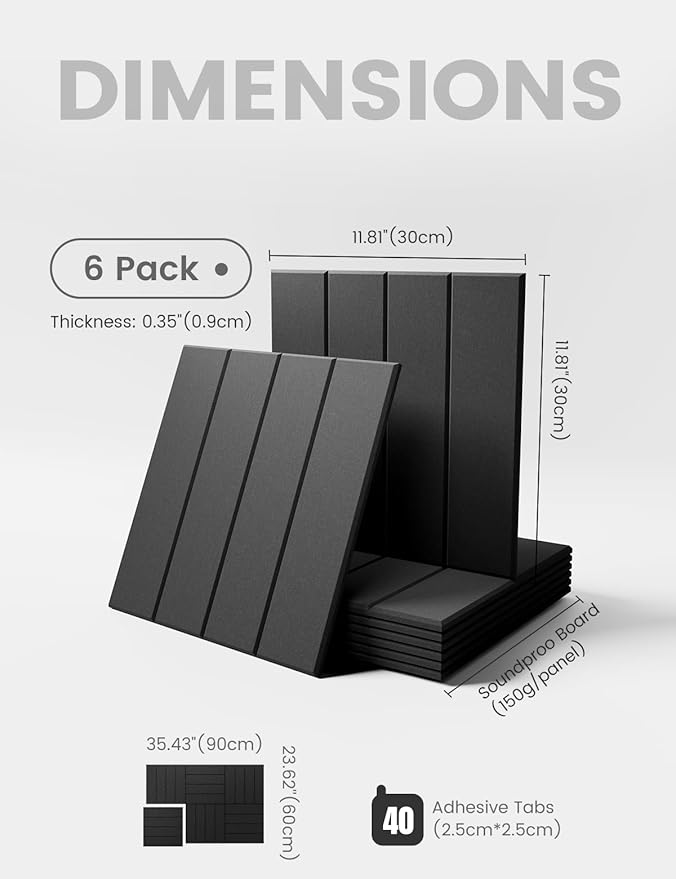 Felt Bulletin Board Tiles Large 36" x 24" Cork Board Alternative-6 Pack with 40 Adhesive Tabs, Thick Slat Wall Panels for Office Decor, Push Pin Board Wall Organizer Alternative - Black