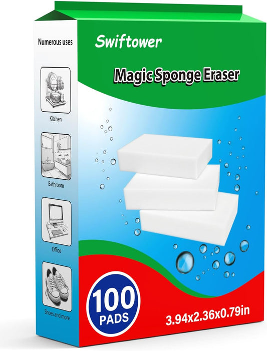 100 Pack Magic Sponge Erasers, Melamine Sponge Foam Bulk, Household Cleaning Supplies Kitchen Dish Sponges Multi Purpose Cleaner, Bathroom, Shower, Shoe, Car, Window, Wall Cleaner