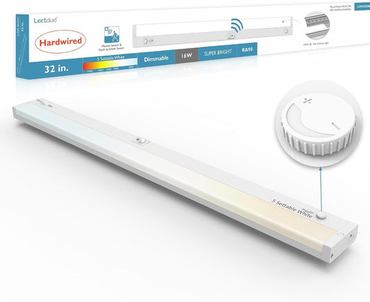 LED Under Cabinet Lighting Motion Sensored Hardwired with Built-in Dimmer, 32 Inch 16W Dimmable 5 Color 2700/3000/3500/4000/5000K, Linkable Eyes Care for Kitchen, Counter, ETL Listed, White