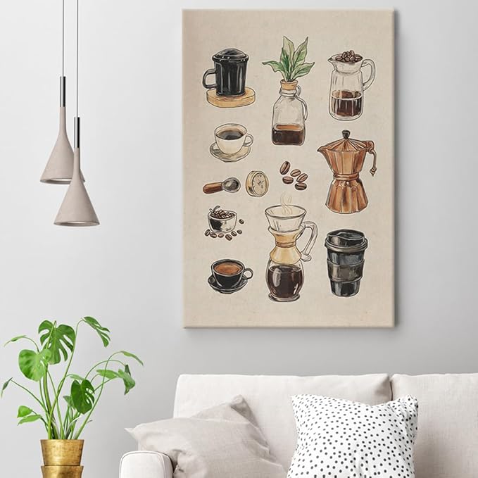 Vintage Espresso Coffee Chart Canvas Print Poster Kitchen Supplies Wall Art Minimalist Watercolor Painting Home Decor Aesthetic Pictures for Dining Room Cafe Shop Restaurant 12x16inch Unframed