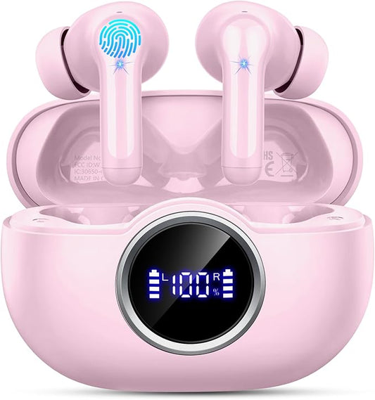 Wireless Earbuds, 2025 Bluetooth 5.4 Headphone 3D Bass Hi-Fi Stereo Ear Buds, 4 ENC Noise Cancelling Mic, 40H 3g USB-C in-Ear Earphone, IP7 Waterproof Workout Sport for Laptop Pad Android iOS, Pink