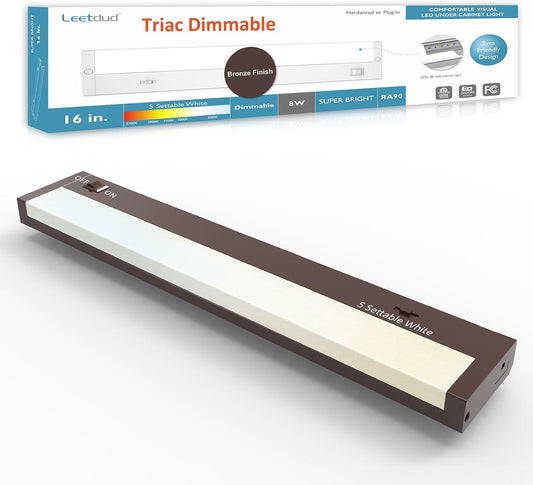 LED Under Cabinet Lighting Hardwired or Plug in, 16 Inch 8W, Dimmable 5 Color 2700K/3000K/3500K/4000K/5000K, Linkable Eyes Care Design Counter Lights for Kitchen, Sink, ETL Listed, Bronze