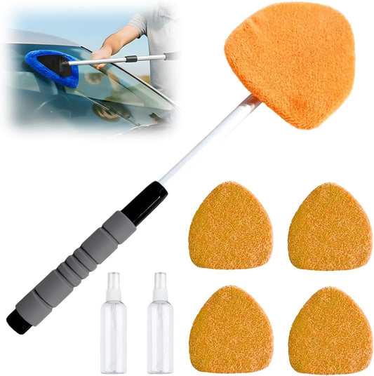 Windshield Window Cleaner Tool, Longer Extendable Glass Cleaning Tool with Microfiber Pads and Spray Bottles,Glass Wiper Kit for Car Windshield & Home Windows (Orange Set)