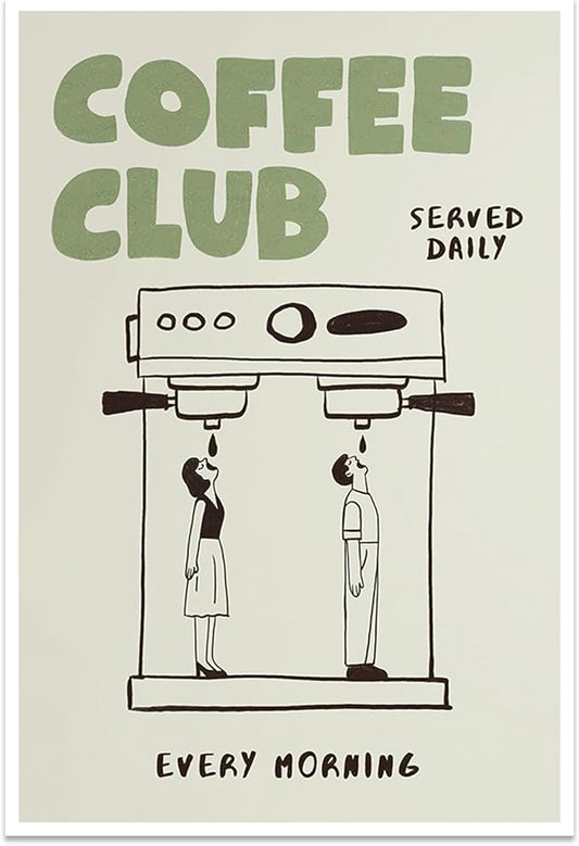 Funny Coffee Club Canvas Print Poster Served Daily Every Morning Sign Wall Art Minimalist Kitchen Whimsical Painting Home Decor Aesthetic Pictures for Living Room Cafe Bar 12x16inch Unframed