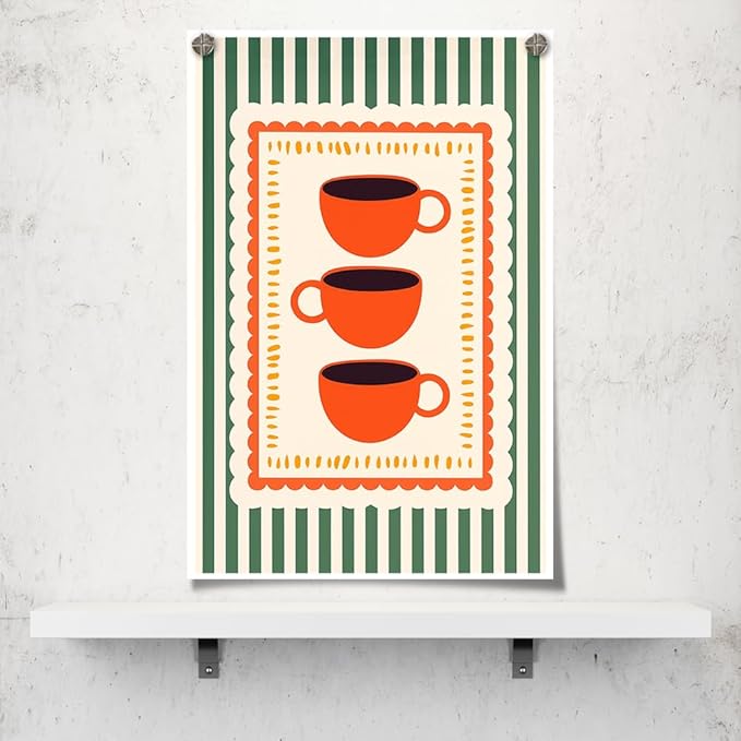 Vintage Orange Italian Espresso Coffee Cups Canvas Prints Posters Modern Green Striped Preppy Kitchen Wall Art Retro Colorful Minimalist Drink Aesthetic Pictures Decor for Cafe Bar 12x16inch Unframed