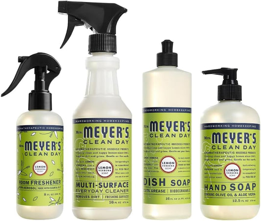 Mrs. MEYER'S Clean Day Lemon Verbena Scent Variety, 1 Room Freshener 8 OZ, 1 Liquid Dish Soap 16 OZ, 1 Liquid Hand Soap 12.5 OZ, 1 Multi-surface Cleaner 16 OZ, Lemon Verbena, 1 CT