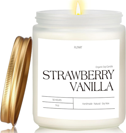 Strawberry Vanilla Highly Scented Candle for Home, 9oz Natural Soy Aromatherapy Non Toxic Candles with Essential Oil, Home Fragrance Stress Relief & Meditation Jar Candles Gifts for Women & Men