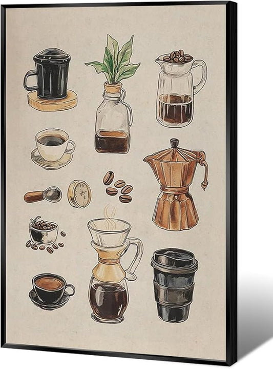 Vintage Espresso Coffee Chart Canvas Print Poster Kitchen Supplies Wall Art Minimalist Watercolor Painting Home Decor Aesthetic Pictures for Dining Room Cafe Shop 20x30inch Metal Black Frame