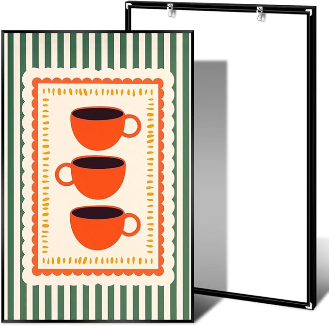 Vintage Orange Italian Espresso Coffee Cups Canvas Prints Posters Modern Green Striped Preppy Kitchen Wall Art Colorful Minimalist Aesthetic Pictures Decor for Cafe Bar 20x30inch Metal Black Frame