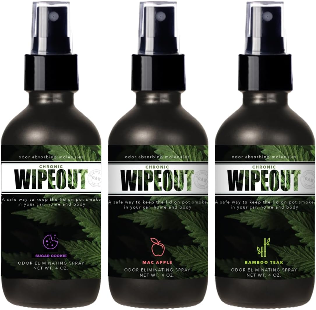 Chronic Wipeout Smoke Smell Eliminator for Home, Cars, Clothes, & More | Smoke Odor Eliminating Spray for All Kinds of Strong Smoke Gifts for Smokers - Apple, Bamboo Teak, & Sugar Cookie 3 Pack - 4 oz