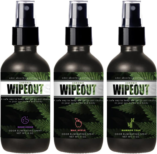 Chronic Wipeout Smoke Smell Eliminator for Home, Cars, Clothes, & More | Smoke Odor Eliminating Spray for All Kinds of Strong Smoke Gifts for Smokers - Apple, Bamboo Teak, & Sugar Cookie 3 Pack - 4 oz