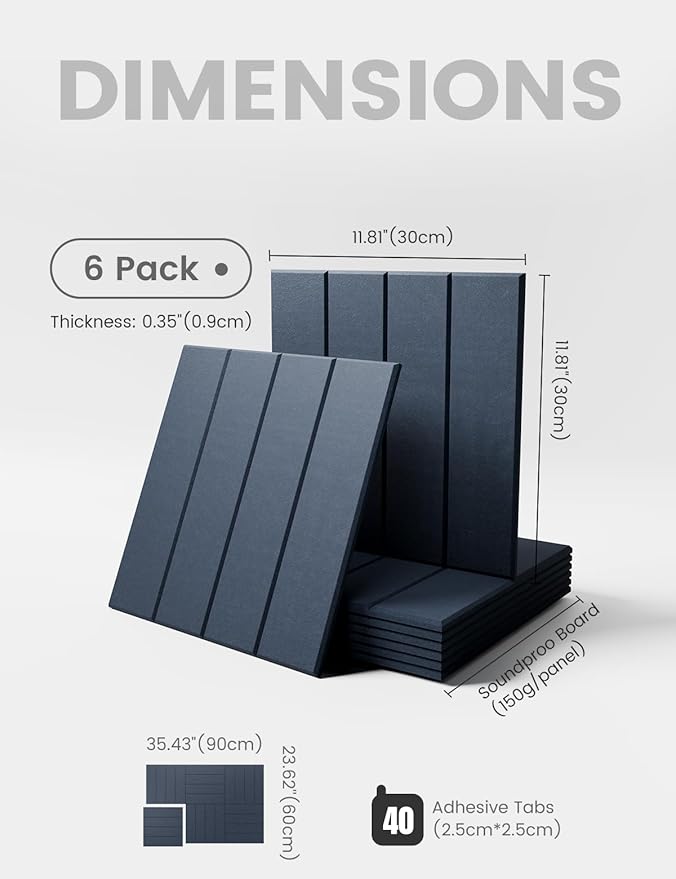 Felt Bulletin Board Tiles Large 36" x 24" Cork Board Alternative-6 Pack with 40 Adhesive Tabs, Thick Slat Wall Panels for Office Decor, Push Pin Board Wall Organizer Alternative - Denim Blue