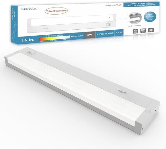 LED Under Cabinet Lighting Hardwired or Plug in, 16 Inch 8W, Dimmable 5 Color 2700K/3000K/3500K/4000K/5000K, Linkable Eyes Care Design Counter Lights for Kitchen, Sink, ETL Listed, White