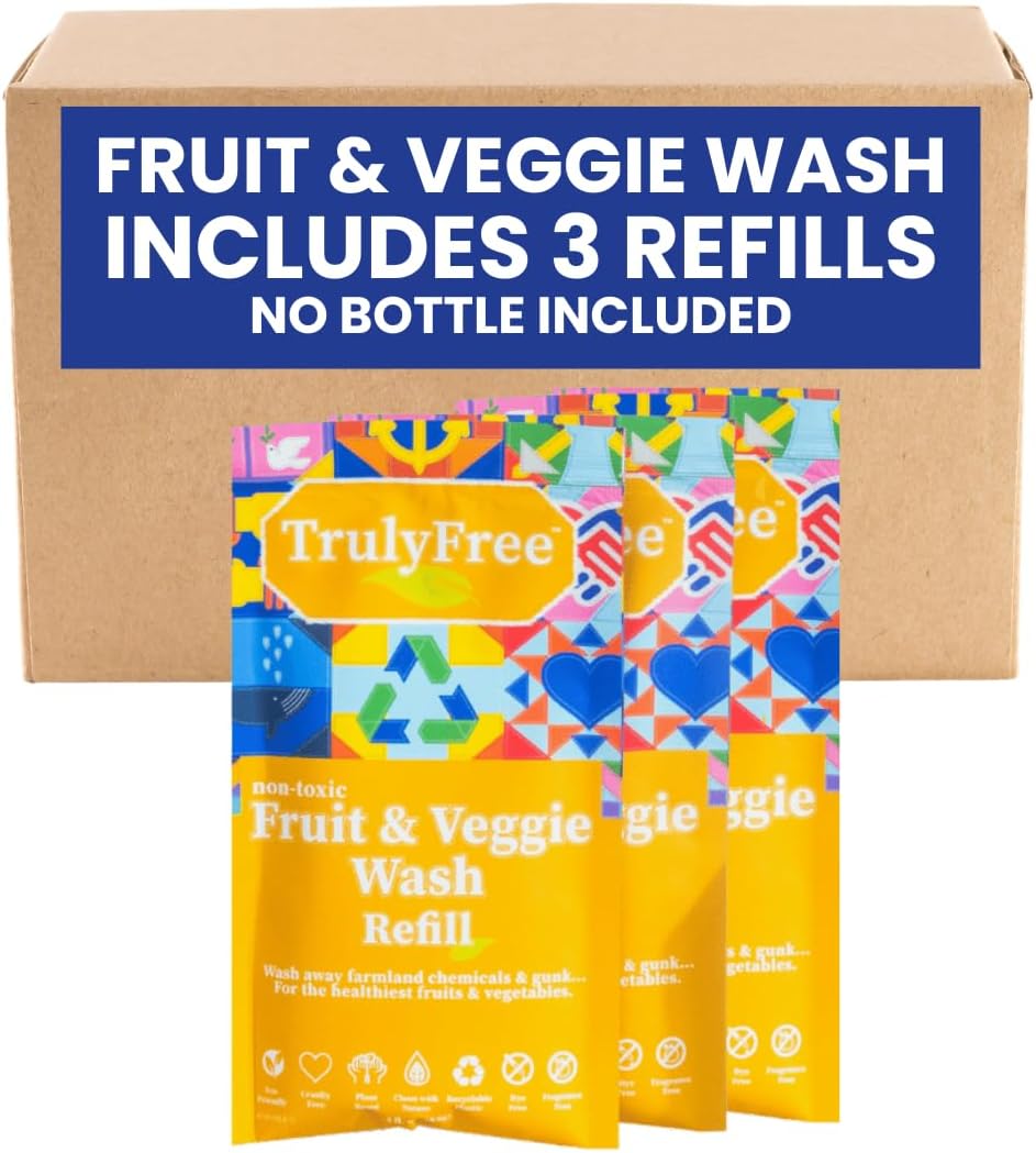 Truly Free Fruit and Vegetable Wash Refills | Veggie Wash Removes 99% Dirt & Wax | Plant-Based Produce Cleaner Spray | No Aftertaste, Made in USA | Fragrance-Free, 16oz (Pack of 3)