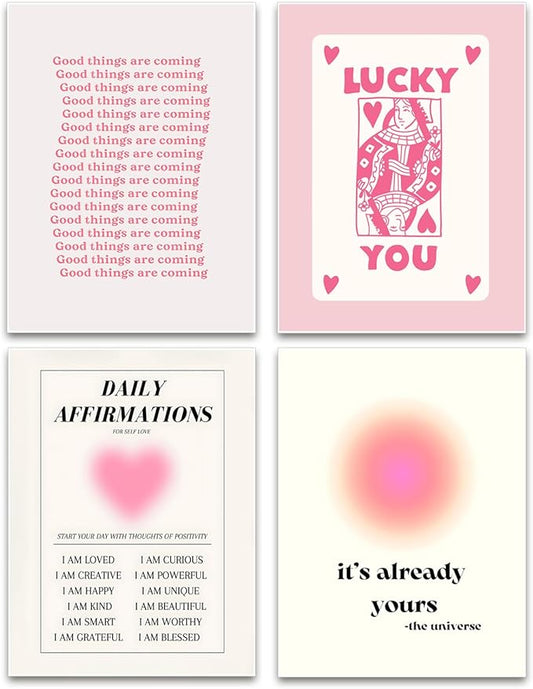 Hwetui Preppy Pink Aura posters Daily Affirmations Wall Art Trendy Y2K Canvas Prints Cute Lucky You Painting Retro Aesthetic Room Decor Picture for College Dorm Bedroom 12x16Inch Set of 4 Unframed