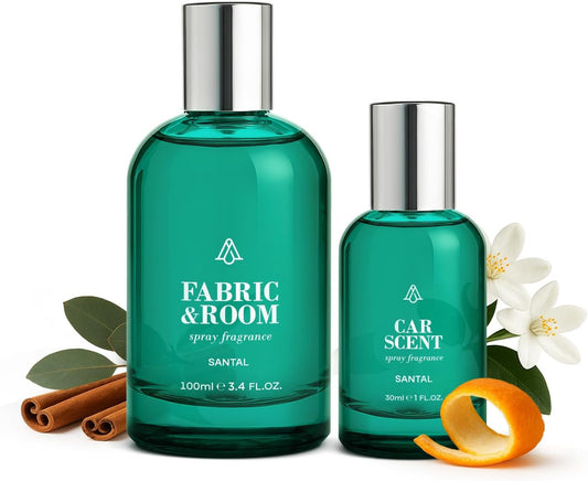 AromaPlan Natural Santal Room Spray & Car Fragrance Kit-Concentrated, Non-Toxic, Odor Eliminator & Long Lasting- Room Spray Air Freshener-Home, Car, Fabrics- 5 Star Hotel Scent Fragrance (100&30 ml)