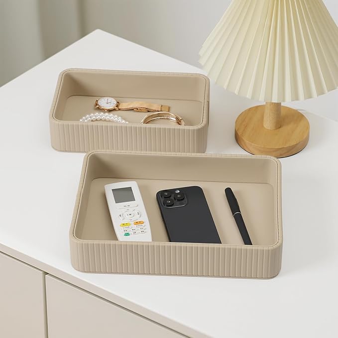 2 Pack Nightstand Organizer Tray, Decorative Perfume Valet Tray Trinket Dish Catch All Purse Key Bowl, PU Leather Coffee Table Trays for Vanity Dresser Bedside Bathroom Countertop (Beige)