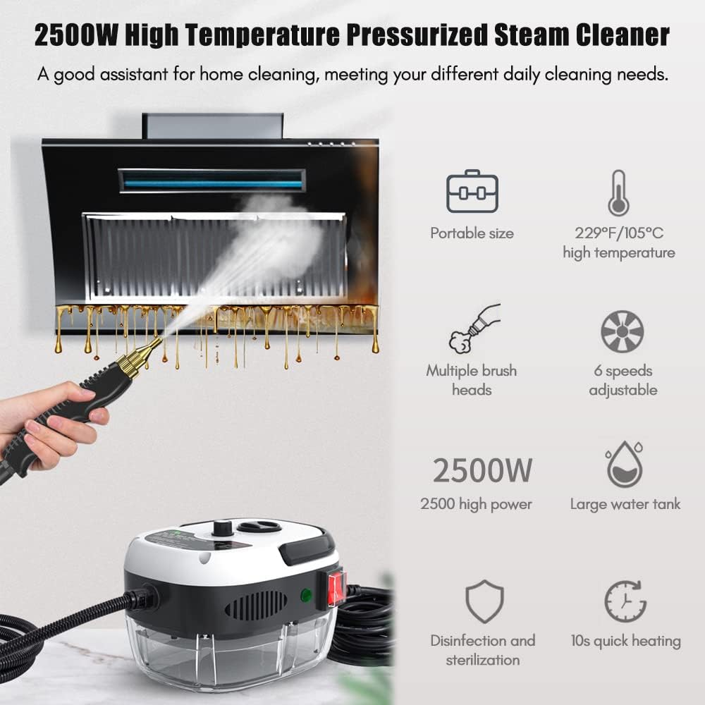 Irishom 2500W Portable Handheld Steam Cleaner High Temperature Pressurized Steam Cleaning Machine with Brush Heads and Gloves for Kitchen Furniture Bathroom Car