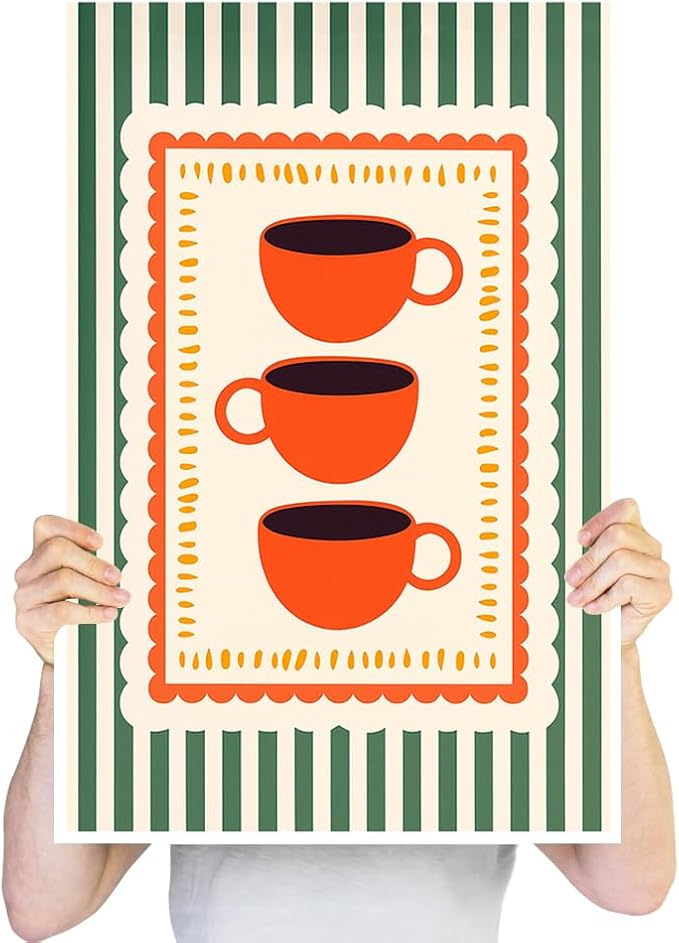 Vintage Orange Italian Espresso Coffee Cups Canvas Prints Posters Modern Green Striped Preppy Kitchen Wall Art Retro Colorful Minimalist Drink Aesthetic Pictures Decor for Cafe Bar 24x36inch Unframed