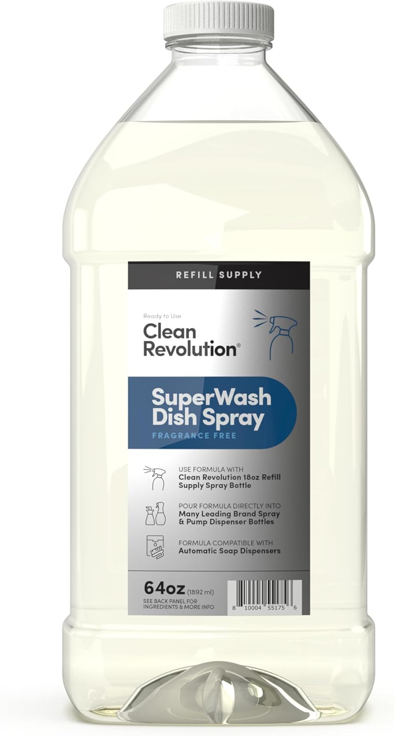 Clean Revolution Dish Spray, Powerful Formula Cuts Through Grease, Compatible with Dawn Powerwash Sprayers and Foamers, Fragrance Free, 64 Fl Oz
