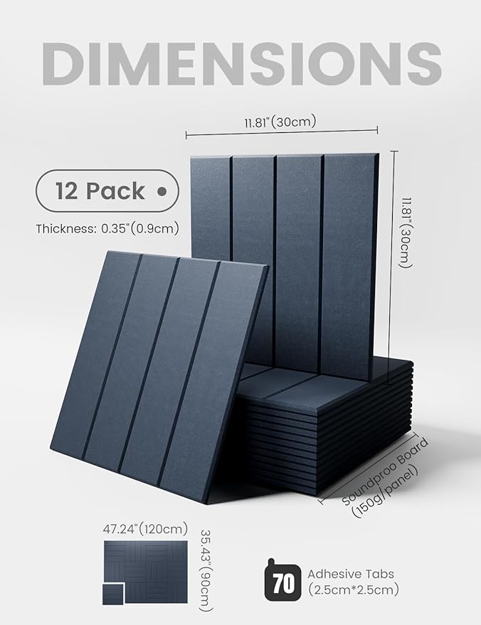 Felt Bulletin Board Tiles Large 48" x 36" Cork Board Alternative-12 Pack with 70 Adhesive Tabs, Thick Slat Wall Panels for Office Decor, Push Pin Board Wall Organizer Alternative -Denim Blue