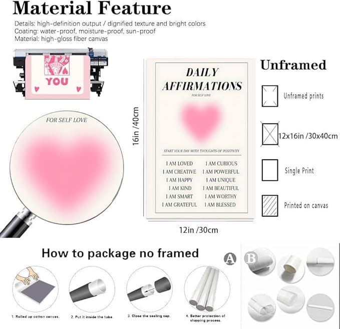 Hwetui Preppy Pink Aura posters Daily Affirmations Wall Art Trendy Y2K Canvas Prints Cute Lucky You Painting Retro Aesthetic Room Decor Picture for College Dorm Bedroom 12x16Inch Set of 4 Unframed