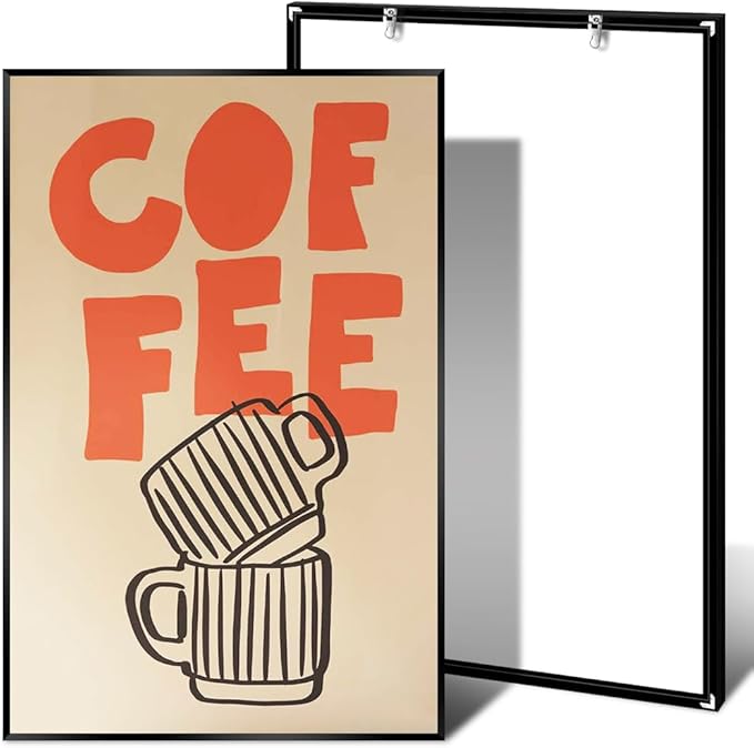 Retro Italian Espresso Coffee Bold Orange Sign Wall Art Stacked Black Stripe Coffee Cups Canvas Print Poster Modern Kitchen Minimalist Line Boho Decor Pictures for Bar Cafe 16x24inch Metal Black Frame