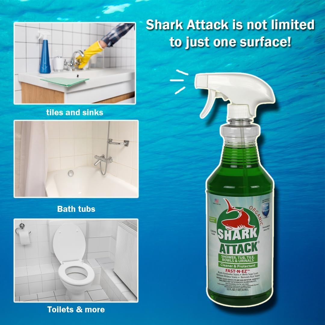 Shark Attack Organic - Bathroom Cleaner & Protectant, Shower Tile Cleaner, Soap Scum and Buildup Cleaner & Protectant - 32 oz (12)