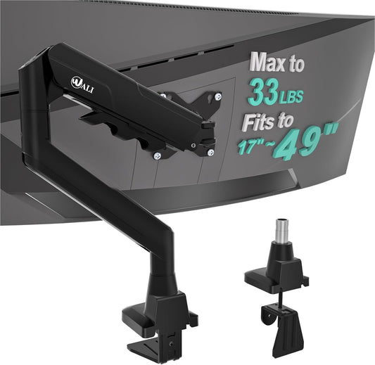 WALI Single Monitor Arm with Desk Mount for 17–49 Inch Screens – Holds Up to 33 lbs, Fully Adjustable VESA Monitor Stand, Heavy Duty Gas Spring for Gaming & Home Office (GSM001XLN)