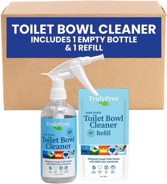Truly Free Toilet Bowl Cleaner - Heavy-Duty Stain Remover - Septic Safe, Plant-Based Formula - Fresh Peppermint Scent - 1 Refill (3oz) with Empty Refillable Bottle