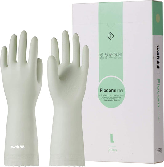 LANON 3 Pairs wahoo Skin-Friendly Cleaning Gloves, Dishwashing Kitchen Gloves with Cotton Flocked Liner, Reusable, Non-Slip, Canary Green, Small