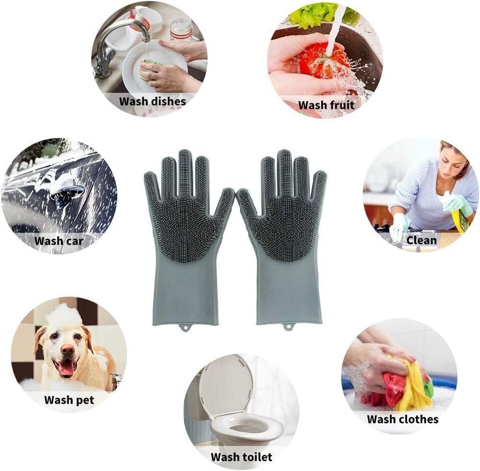 Silicone Gloves with Built-in Scrubbing Bristles +2 Wire Mesh Dishwashing Scrubber Cloths Reusable Cleaning Gloves & Kitchen (Grey)