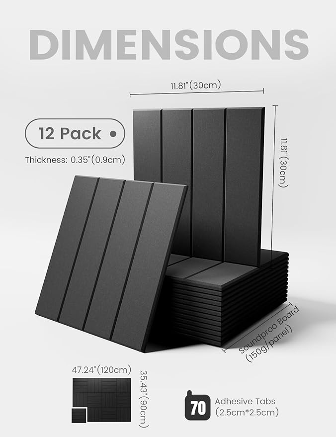 Felt Bulletin Board Tiles Large 48" x 36" Cork Board Alternative-12 Pack with 70 Adhesive Tabs, Thick Slat Wall Panels for Office Decor, Push Pin Board Wall Organizer Alternative -Black