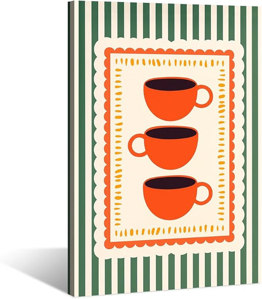 Vintage Orange Italian Espresso Coffee Cups Canvas Prints Posters Modern Green Striped Preppy Kitchen Wall Art Retro Colorful Minimalist Drink Aesthetic Pictures Decor for Cafe Bar 20x30inch Framed