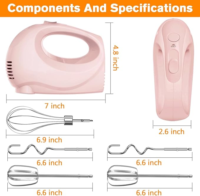 Handmixer Electric Handheld - 7 Speed Portable Kitchen Mixer Electric with 5 Stainless Steel Accessories Whisk, Food Beater for Whipping Mixing Cookies Cakes Eggs, Pink