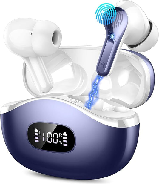 Wireless Earbuds, Bluetooth Headphones 5.3 HiFi Stereo Ear buds with ENC Noise Cancelling Mic, 40H Bluetooth Earbuds with Dual LED Display Charging Case, IP7 Waterproof Earphones for Android iOS, Blue