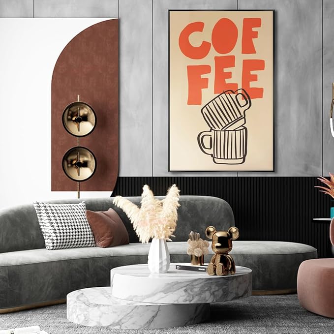 Retro Italian Espresso Coffee Bold Orange Sign Wall Art Stacked Black Stripe Coffee Cups Canvas Print Poster Modern Kitchen Minimalist Line Boho Decor Pictures for Bar Cafe 20x30inch Metal Black Frame