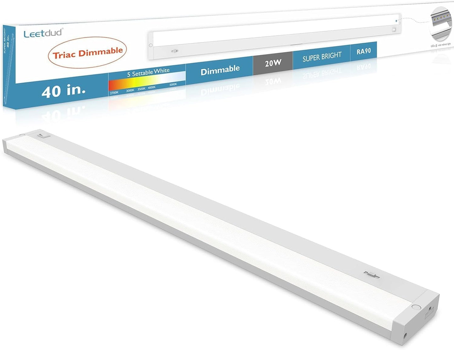 LED Under Cabinet Lighting Hardwired or Plug in, 40 Inch 20W, Dimmable 5 Color 2700K/3000K/3500K/4000K/5000K, Linkable Eyes Care Design Counter Lights for Kitchen, Sink, ETL Listed, White