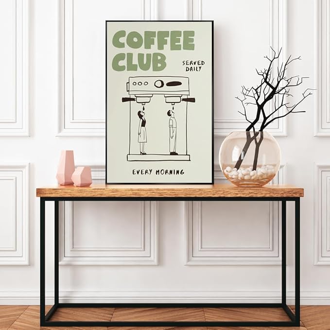 Funny Coffee Club Canvas Print Poster Served Daily Every Morning Sign Wall Art Minimalist Kitchen Whimsical Painting Home Decor Aesthetic Pictures for Cafe Bar 24x36inch Metal Black Frame
