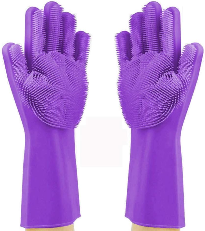 Silicone Dishwashing Gloves, Pet Grooming Rubber Scrubbing for Dishes, Sponge Wash Cleaning with Scrubbers (13.6" L)