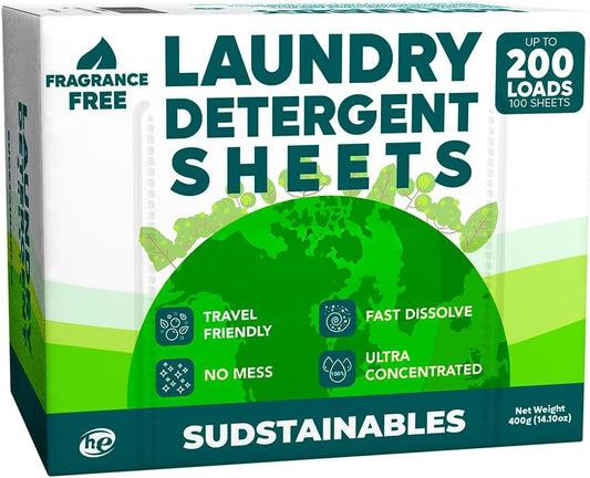 Sudstainables Laundry Detergent Sheets 200 Loads – Dissolvable Laundry Sheet for Washing Machines, Compact Alternative to Liquid & Powder Detergent, Travel-Friendly Soap | Fragrance Free