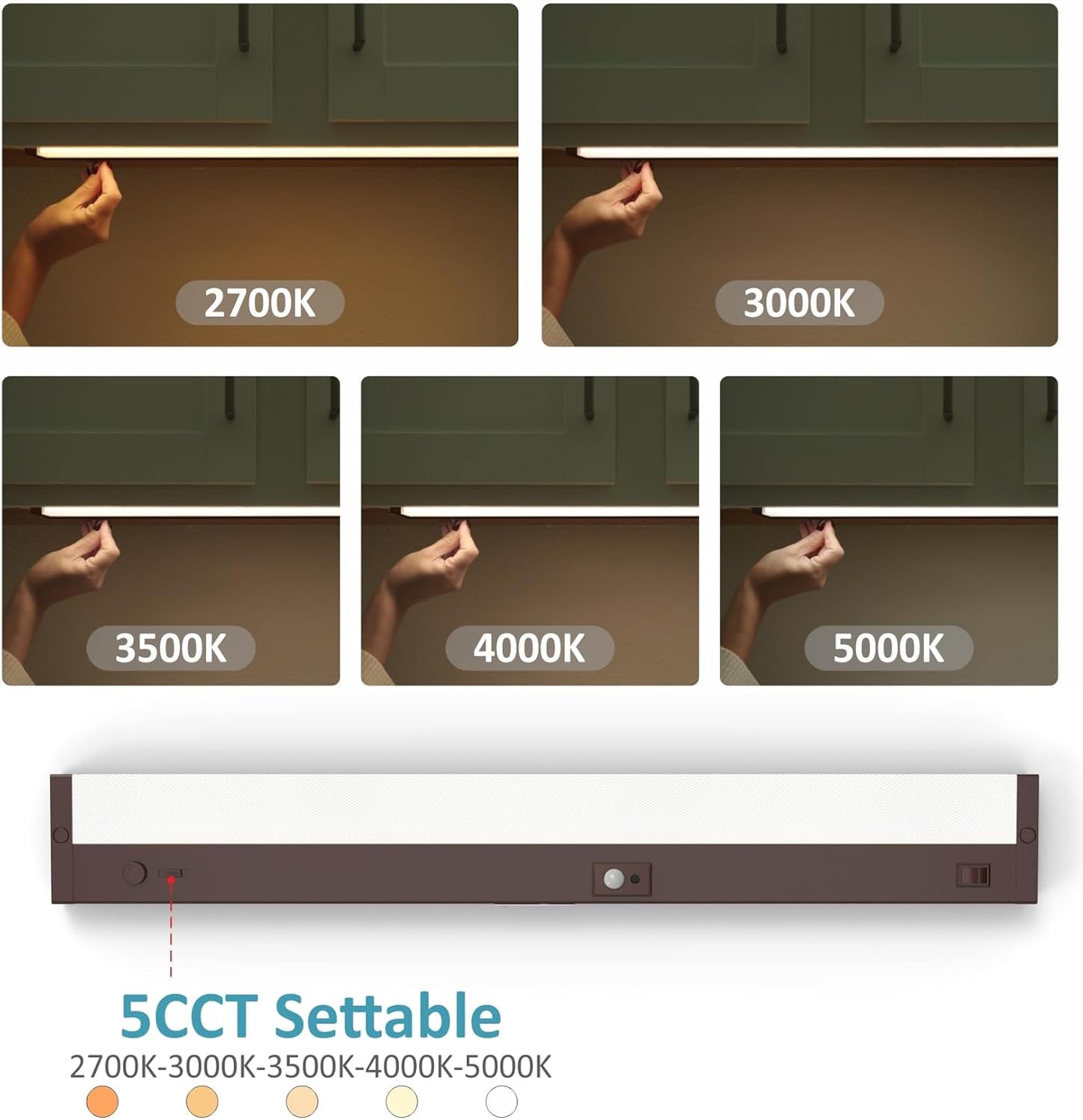 LED Under Cabinet Lighting Motion Sensored Hardwired with Built-in Dimmer, 24 Inch 12W Dimmable 5 Color 2700/3000/3500/4000/5000K, Linkable Eyes Care for Kitchen, Counter, ETL Listed, Bronze