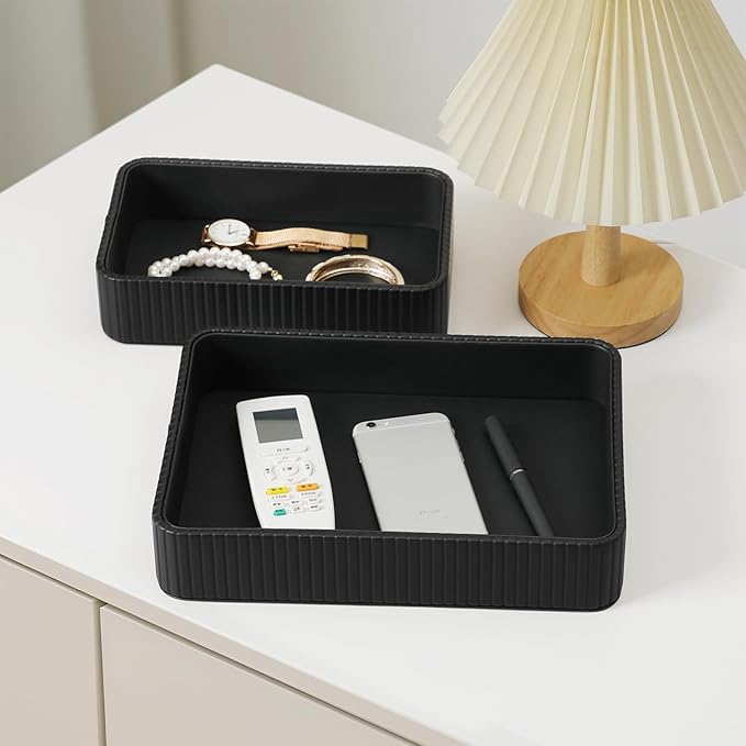 2 Pack Nightstand Organizer Tray, Decorative Perfume Valet Tray Trinket Dish Catch All Purse Key Bowl, PU Leather Coffee Table Trays for Vanity Dresser Bedside Bathroom Countertop (Black)