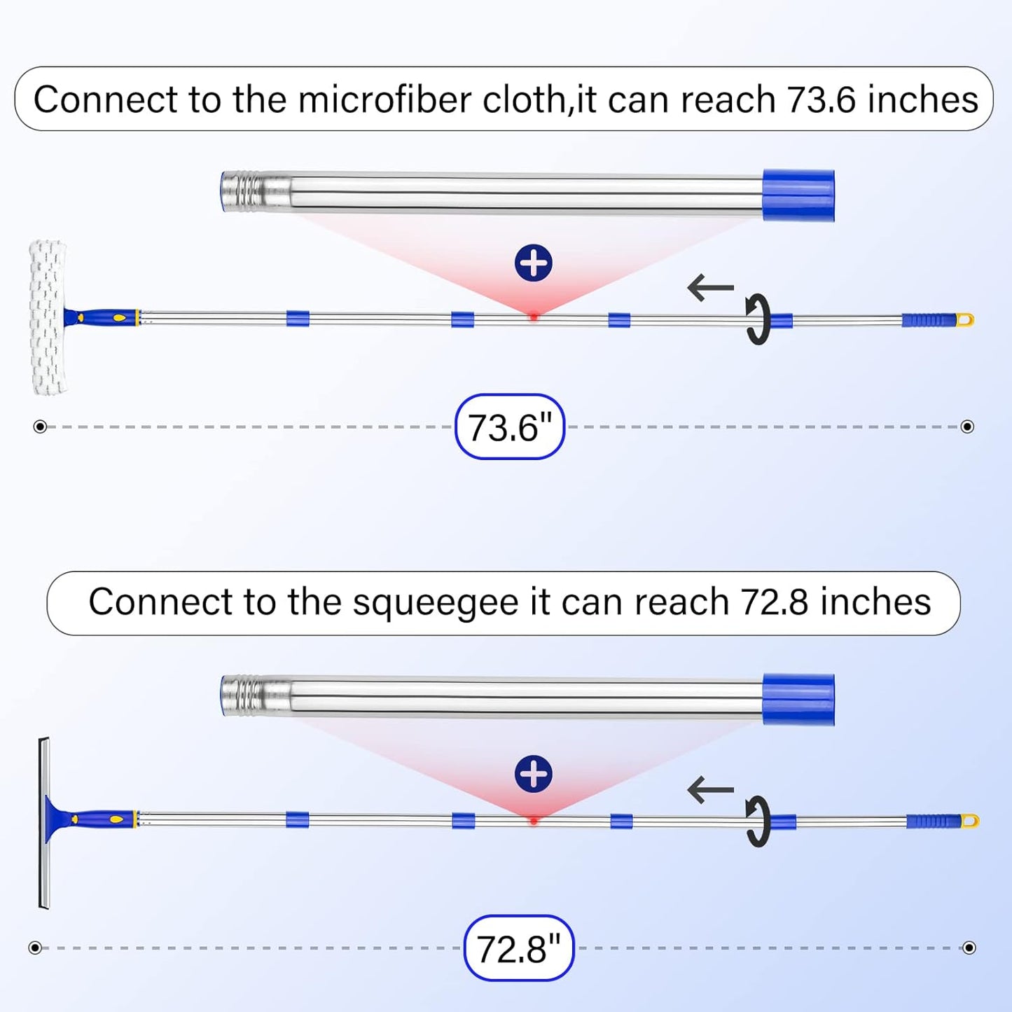 ITTAR Window Squeegee with 2 Sets Stainless Steel Pole, Squeegee Cleaning Tools with Microfiber Pads, 60"-72" Telescopic Window Washing Kit, Professional Squeegee Cleaner for Home Car Outside Glass
